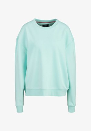 Licht muntgroen sweatshirt, oversized pasvorm, ronde halslijn, ribgebreide manchetten en zoom. Zachte stof met minimale branding op de borst.