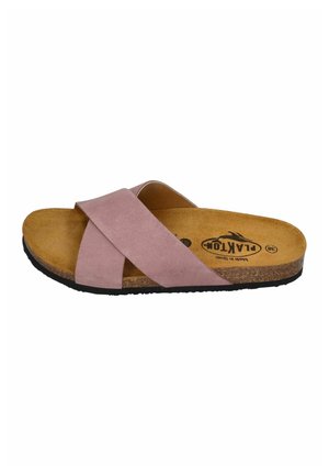 Slide sandal with light purple crossed straps, cork footbed, and black sole, branded with "Plakton" logo and size 38 markings.