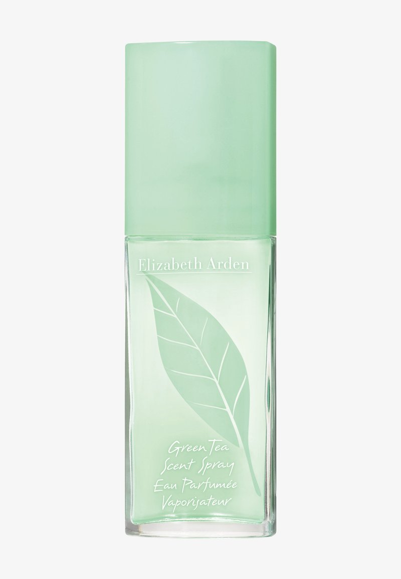 Butelka sprayu zapachowego Elizabeth Arden Green Tea z zieloną nakrętką i wzorem liścia na przezroczystym pojemniku.