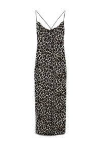 Robe longue à imprimé léopard avec des fines bretelles noires, un corsage ajusté et un ourlet à mi-cuisse. Fabriquée en tissu léger et doux.