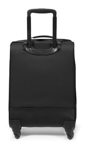 Black hard-shell suitcase with a retractable handle and four wheels. Features a textured surface and zippers along the top for access.