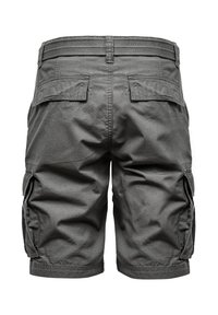 Gray cargo shorts made of durable fabric, featuring a relaxed fit, side pockets, and a textured waistband. Back view shows two patch pockets.