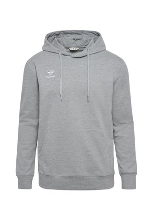 Grauer Baumwoll-Hoodie mit vorderer Kängurutasche, Kordelzugkapuze und kleinem weißem Logo auf der oberen linken Brustseite. Glatte Textur.