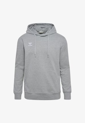Felpa grigia in cotone con tasca a marsupio frontale, cappuccio con coulisse e piccolo logo bianco sul petto in alto a sinistra. Texture liscia.