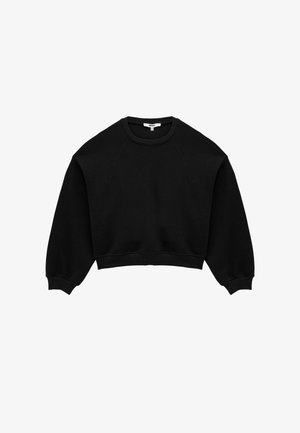 Sudadera negra corta con cuello redondo, mangas raglán y puños acanalados. Fabricada en un tejido suave y texturizado. Sin patrones ni acentos visibles.