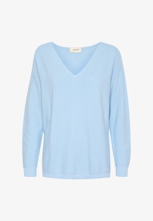 Light blue v-neck sweater made of textured knit material. Features long sleeves and a ribbed hem with a small logo detail at the bottom.