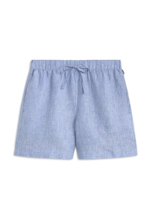 Hellblaue und weiße gestreifte Baumwollshorts mit elastischem Bund und vorderer Bindeschleife, zwei Seitentaschen, flaches Vorderteil.