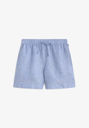 Pantalones cortos de algodón con rayas azul claro y blancas, cintura elástica y lazo frontal, dos bolsillos laterales, diseño delantero plano.