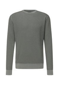 Pull gris en maille avec col rond, texture côtelée, manches longues et ourlet ajusté. Présente un motif de points contrastants sur les épaules.