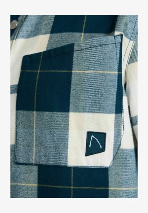 Sinine ja valge ruuduline kangas lähivaates, millel on ruudukujuline tasku, millel on väike must laik valge abstraktse mustriga.