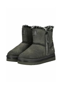 Graue Wildleder-Ankle Boots mit einem gefälschten Futter aus Fell, seitlichem Reißverschluss und dekorativer Naht entlang der Naht. Flache Gummisohle für besseren Halt.