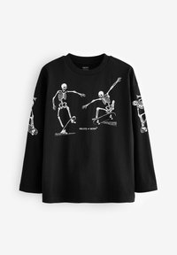 Schwarzes Langarm-T-Shirt mit weißen Skelettgrafiken in verschiedenen Posen, darunter der Text "SKATE of MIND".