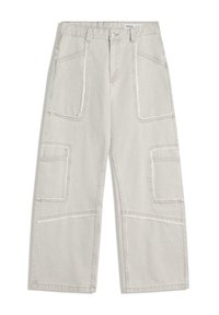 Light beige wide-leg jeans with large patch pockets and frayed seam details on the front and knees.