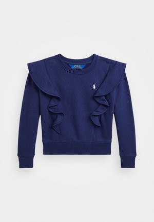 Sudadera azul marino con acentos de volantes en los hombros, cuello redondo y puños y dobladillo acanalados. Presenta un pequeño logo blanco en el pecho.