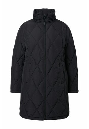 Zwarte gewatteerde lange jas met hoge kraag, frontaal rits en ruitpatroon. Glad textuur en losvallende mouwen voor comfort.