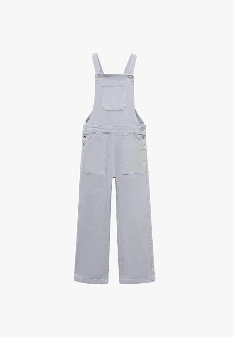 Ljusgrå denimoverall med justerbara remmar, stora frampockets och knappdetaljer på sidorna. Rak passform med minimal detaljering.