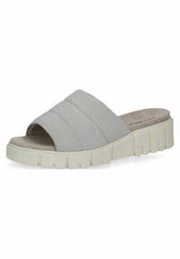 Pantofole in suede grigio con tre strisce orizzontali, punta aperta e suola bianca spessa con un motivo testurizzato per la presa.