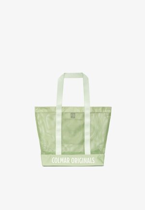 Sac fourre-tout en maille verte avec des anses vertes unies. Présente le texte imprimé "COLMAR ORIGINALS" en bas. Conception légère et spacieuse.