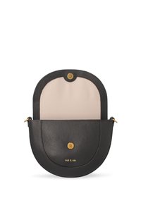 Borsa a mano in pelle nera con texture liscia, forma arrotondata e accessori dorati. L'interno presenta una foderatura beige chiara. Chiusura magnetica.