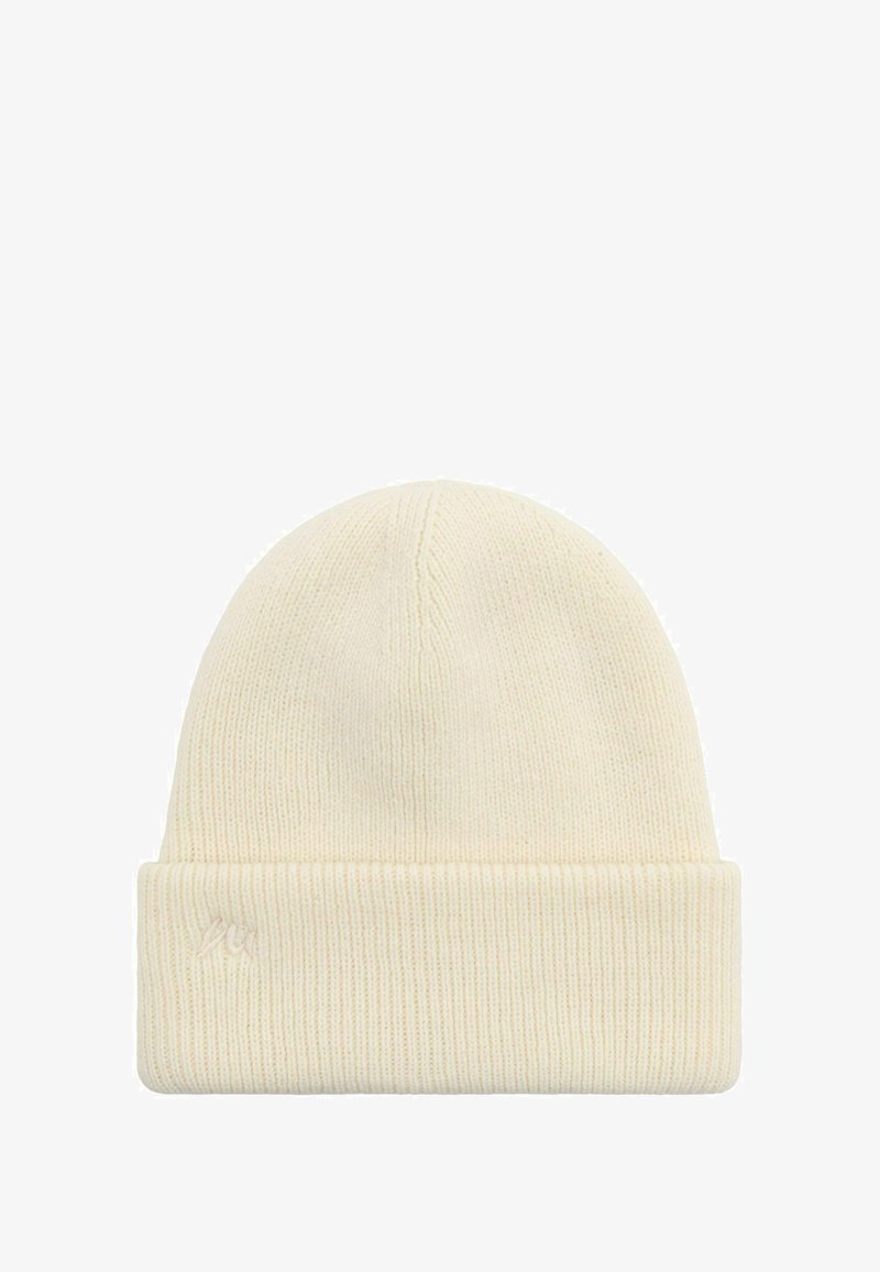 Knit beanie in soft, off-white material with a folded cuff, featuring fine ribbing and a small logo on the front.