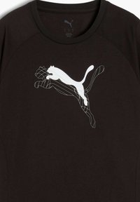 Sort kortærmet T-shirt med en hvid kontureret Puma-logo, glat tekstur og rund halsudskæring.