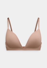 Kahvansävyinen kolmio-bralette, joka on valmistettu sileästä kankaasta. Siinä on säädettävät ohuet olkaimet ja vyö rauhoittavan alla. Ei pehmusteita tai koristeita.