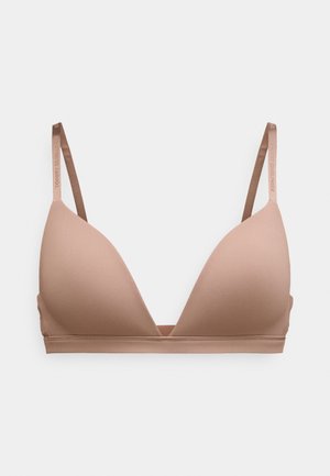 Lichtbruine driehoekige bralette gemaakt van zachte stof met verstelbare dunne bandjes en een band eronder. Geen padding of versieringen.