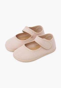 Helle rosa Canvas-Mary-Jane-Schuhe mit Klettverschluss, runder Zehenpartie und gepolsterter Sohle. Glatte Textur mit einem schlichten, klassischen Design.