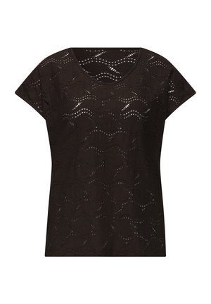 Zwarte blouse met korte mouwen en een ronde hals met een golvend geperforeerd kanten patroon over de hele stof.
