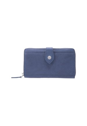 Blue leather wallet with a zip closure, button snap, sleek shape, and visible stitching details. Features a smooth texture and minimalistic design.