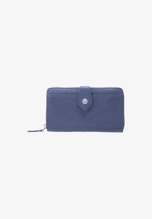 Blue leather wallet with a zip closure, button snap, sleek shape, and visible stitching details. Features a smooth texture and minimalistic design.