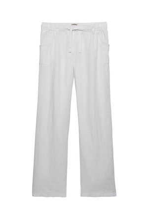 Pantalones anchos de lino blanco con cintura elástica, cordón frontal y bolsillos laterales, mostrados sobre un fondo blanco.