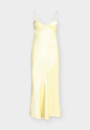 Κίτρινο σατέν φόρεμα-νυχτικό με θήκες με μπανέλα, ρίγες στο μπούστο, λεπτούς ιμάντες και κεντρική σχισμή στο μπροστινό μέρος.