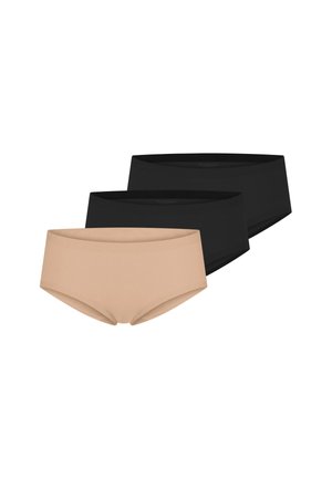 Three seamless women's hipster underwear in black and beige, displayed overlapping on a white background.