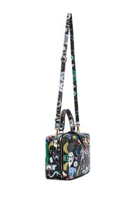 Borsa a mano nera in ecopelle con motivi grafici colorati. Presenta doppi manici, una tracolla regolabile e dettagli in metallo color oro.