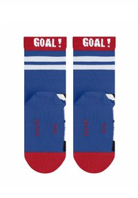 Blauwe, witte en rode sokken met de tekst "GOAL!" op de boord, witte strepen en rode tenen, maat 27-29, merk Falke.