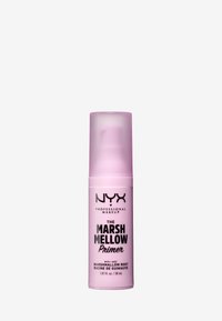 NYX Marsh Mellow Primer in a cylindrical, translucent pink bottle with a pump top; black text labels and measuring 30 mL.