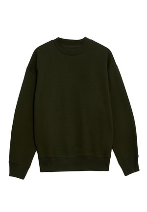 Dark green sweatshirt made from soft fabric, featuring a crew neck, dropped shoulders, and ribbed cuffs and hem for a relaxed fit.