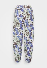 Calças de algodão tipo jogger com uma cintura elástica, apresentando um design abstrato multicolorido em verde, azul e castanho. Punhos elásticos nos tornozelos.