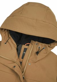 Brouw waterproof jack met een capuchon, voorrits, verstelbare trekkoorden en zwarte voering. Glad textuur met contrasterende stiksels.