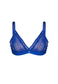 Niebieski koronkowy biustonosz typu braletka z kwiatowym wzorem, trójkątnymi miseczkami, regulowanymi ramiączkami oraz małym metalowym logo na środku przodu.