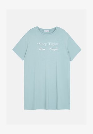 Lyseblå kortermet T-skjorte laget av myk stoff. Har hvit tekst "Sleep Tight Shine Bright" i en dekorativ skrifttype.