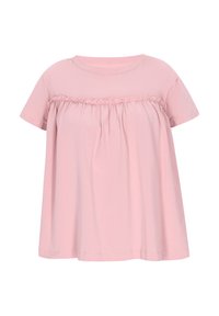 Maglietta di cotone rosa con maniche corte, scollatura tonda e dettagli di rouches arricciati sotto il petto. Vestibilità ampia e fluida.
