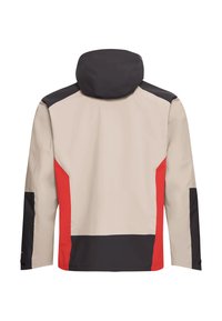 Waterbestendig jack met een beige lichaam, zwarte schouders en rode zijaccenten. Voorzien van een capuchon en lange mouwen met verstelbare manchetten.