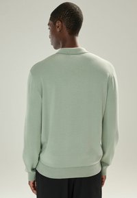 Jasnozielony longsleeve polo sweter z prążkowanym kołnierzykiem i mankietami, o gładkiej, miękkiej teksturze i luźnym kroju.