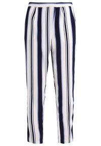 Pruhované kalhoty s vertikálními námorními, bílými a světle modrými pruhy, vyrobené z hladké látky s elastickým pasem a bočními kapsami.