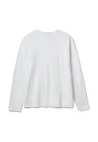 Effen witte lange mouwen crewneck shirt gezien van achteren op een witte achtergrond.