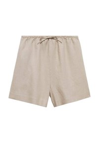 Beige linnen shorts med elastisk midja och snörning. Har en lös passform och slät textur, passar för avslappnad användning.