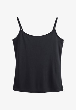Débardeur noir sans manches avec fines bretelles et encolure droite, présenté sur fond blanc.