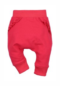 Rode katoenen babybroekjes met een zachte elastische tailleband, voorzien van ruches aan de zijkanten en taps toelopende pijpen voor optimaal comfort.